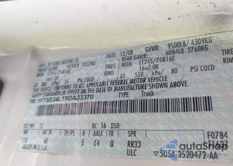 2009 Ford E-350 Super Duty Commercial z USA, uszkodzony, nr VIN 1FTSE34L19DA33370